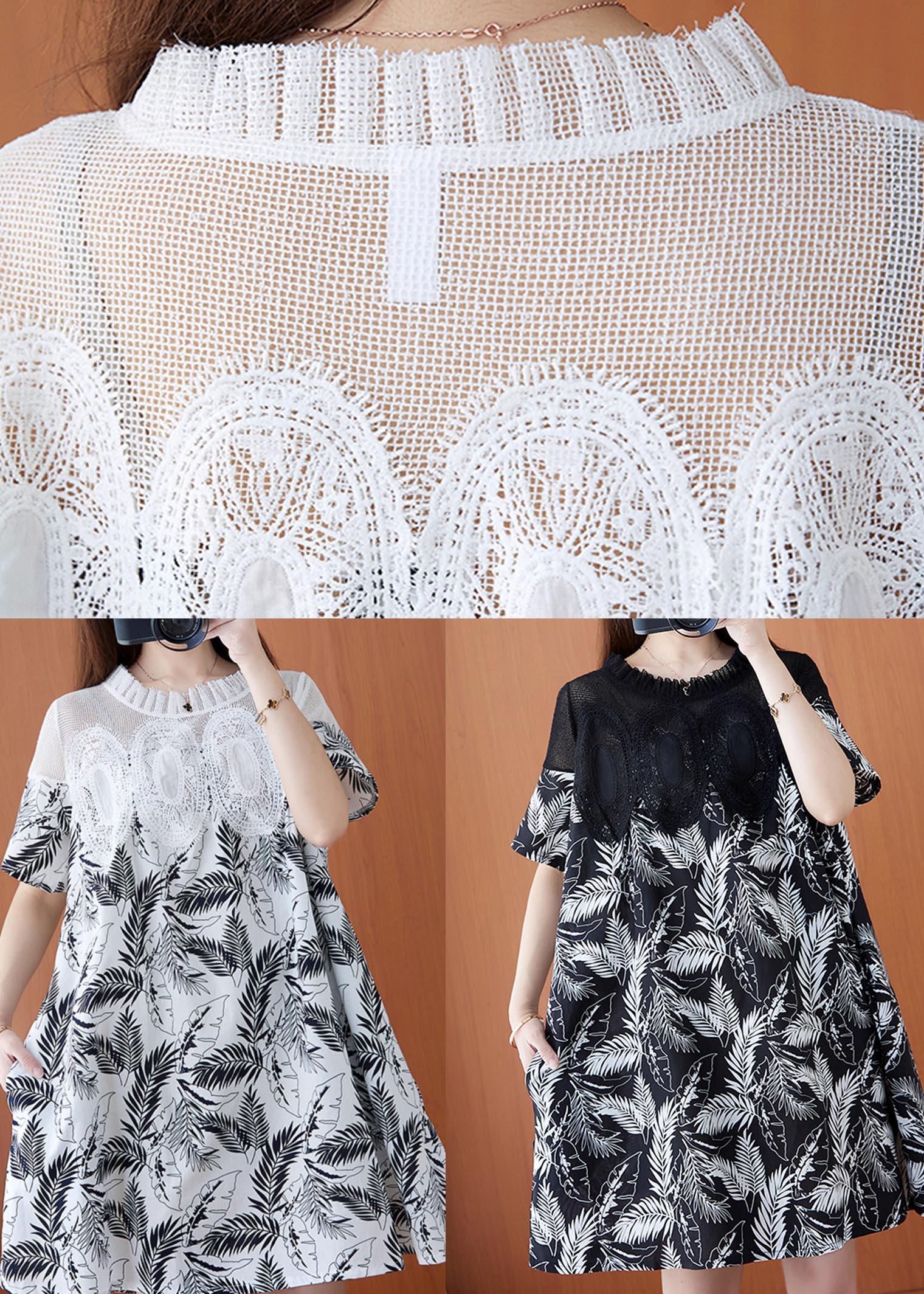 Simple White Print Patchwork  Lace A Line Summer Holiday Dress - Omychic