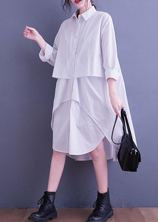Simple White Quilting Clothes Lapel Low High Design Loose Spring Dress - Omychic