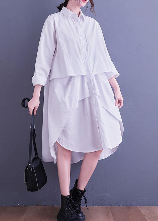 Simple White Quilting Clothes Lapel Low High Design Loose Spring Dress - Omychic