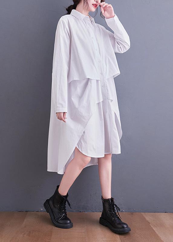 Simple White Quilting Clothes Lapel Low High Design Loose Spring Dress - Omychic