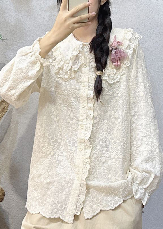 Simple White Ruffled Button Lace Shirt Long Sleeve