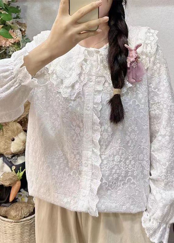 Simple White Ruffled Button Lace Shirt Long Sleeve