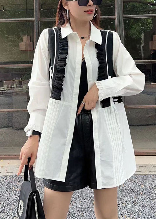 Simple White Ruffled Patchwork Wrinkled Cotton Shirt Long Sleeve