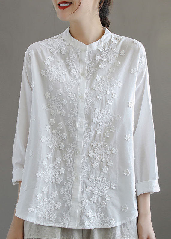 Simple White Stand Collar Embroideried Patchwork Cotton Blouses Long Sleeve