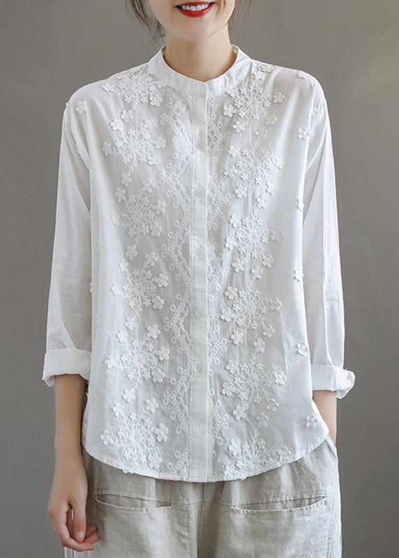 Simple White Stand Collar Embroideried Patchwork Cotton Blouses Long Sleeve