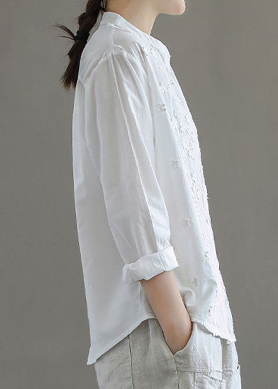 Simple White Stand Collar Embroideried Patchwork Cotton Blouses Long Sleeve