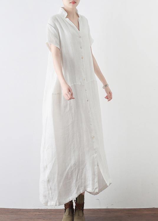 Simple White V Neck Vacation Dress Summer Linen Dress - Omychic