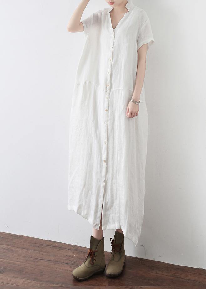 Simple White V Neck Vacation Dress Summer Linen Dress - Omychic