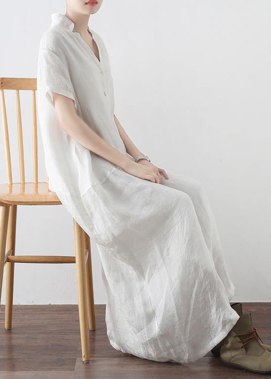 Simple White V Neck Vacation Dress Summer Linen Dress - Omychic