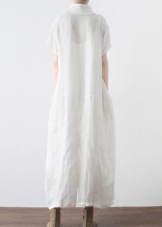 Simple White V Neck Vacation Dress Summer Linen Dress - Omychic