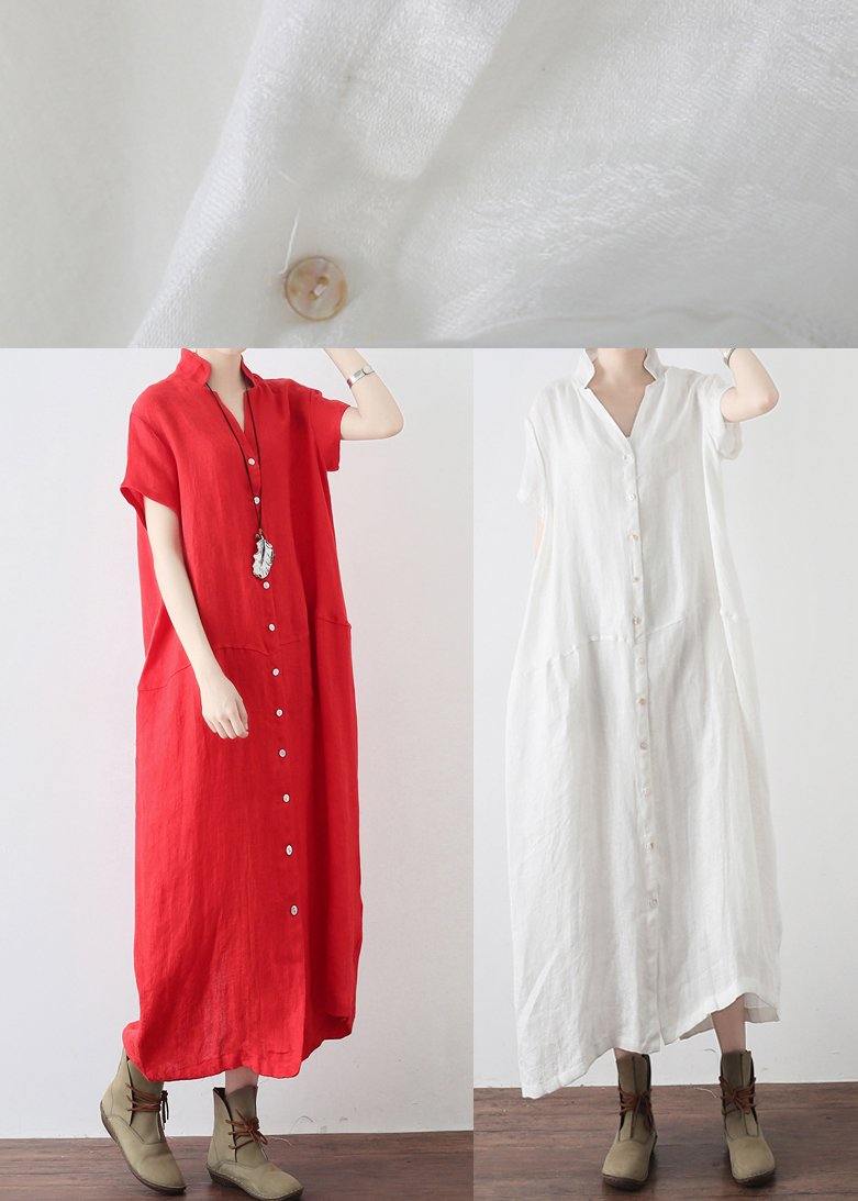 Simple White V Neck Vacation Dress Summer Linen Dress - Omychic