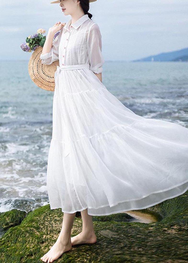 Simple White tie waist Long sleeve Party Summer Chiffon Dress - Omychic