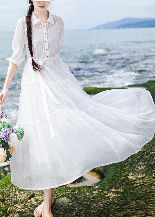 Simple White tie waist Long sleeve Party Summer Chiffon Dress - Omychic