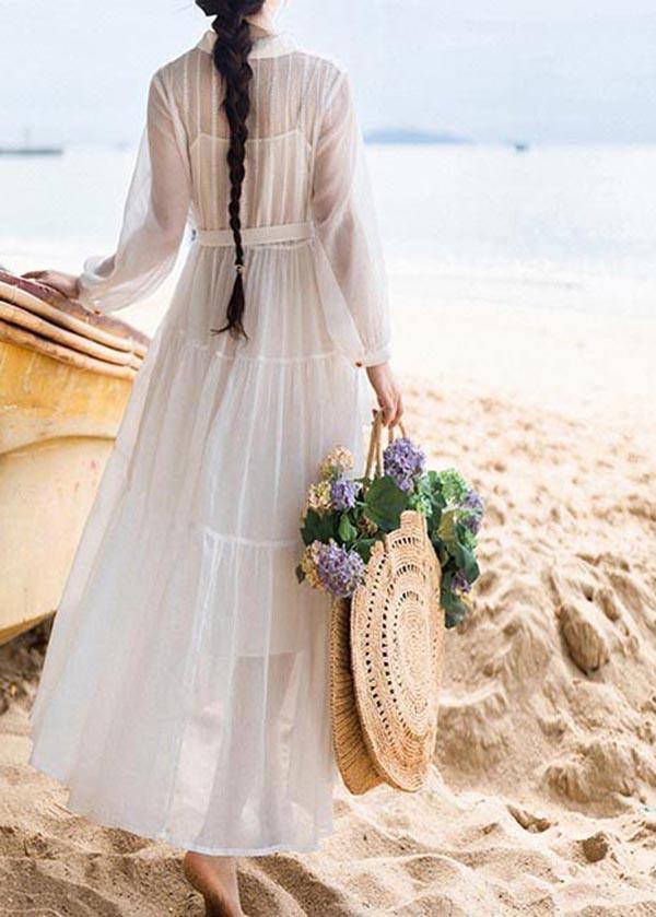 Simple White tie waist Long sleeve Party Summer Chiffon Dress - Omychic