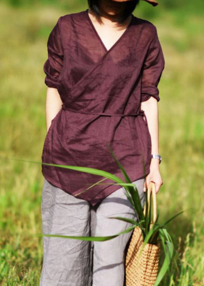 Simple Wine Red V Neck Lace Up Linen Shirts Bracelet Sleeve