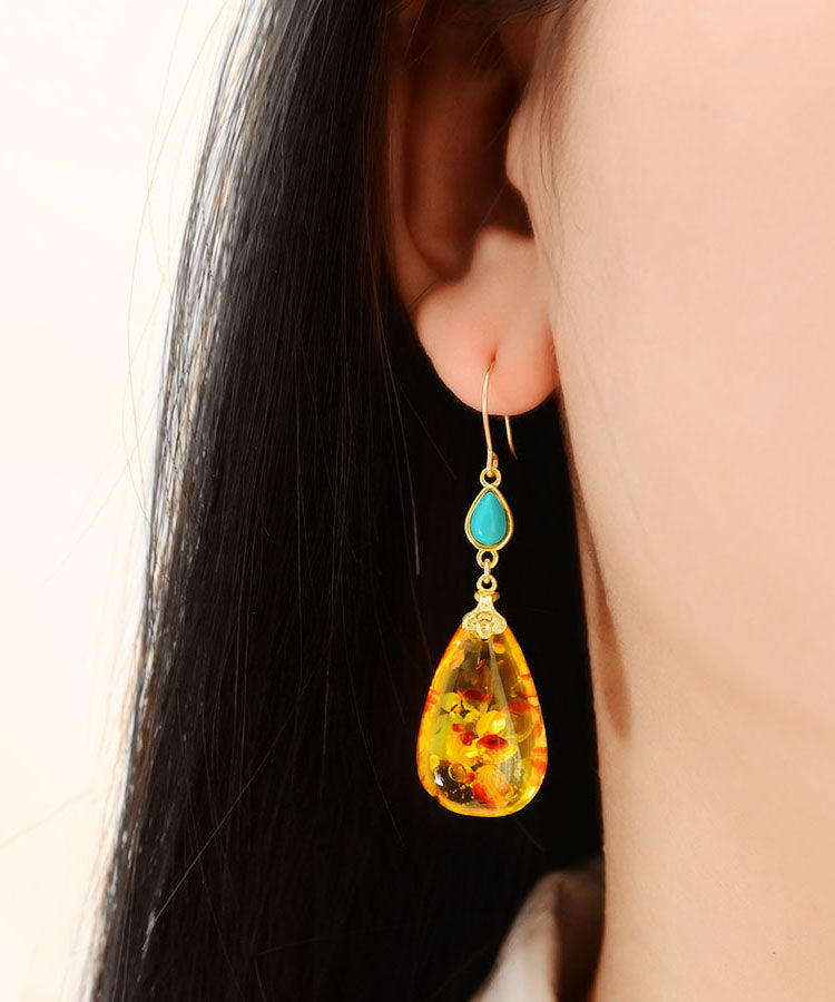 Simple Yellow 14K Gold Water Drop Amber Beeswax Drop Earrings