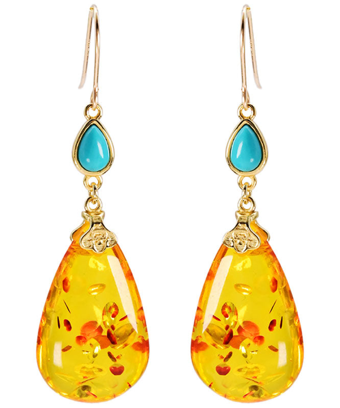 Simple Yellow 14K Gold Water Drop Amber Beeswax Drop Earrings