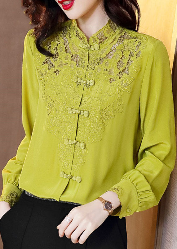 Simple Yellow Green Hollow Out Stand Collar Embroideried Silk shirt Long sleeve