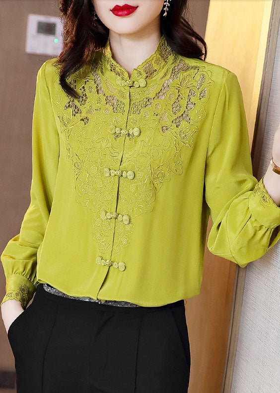 Simple Yellow Green Hollow Out Stand Collar Embroideried Silk shirt Long sleeve