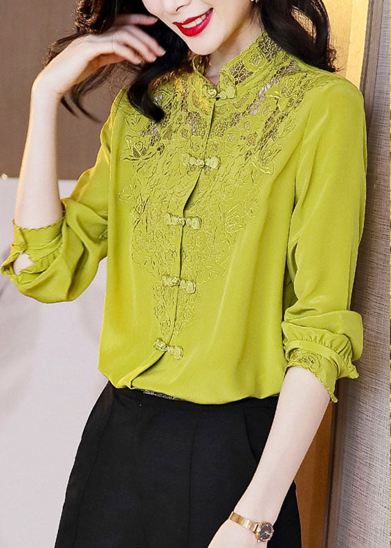 Simple Yellow Green Hollow Out Stand Collar Embroidered Silk shirt Long sleeve
