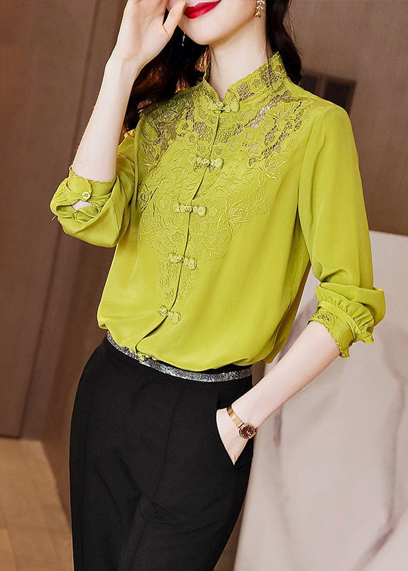 Simple Yellow Green Hollow Out Stand Collar Embroidered Silk shirt Long sleeve