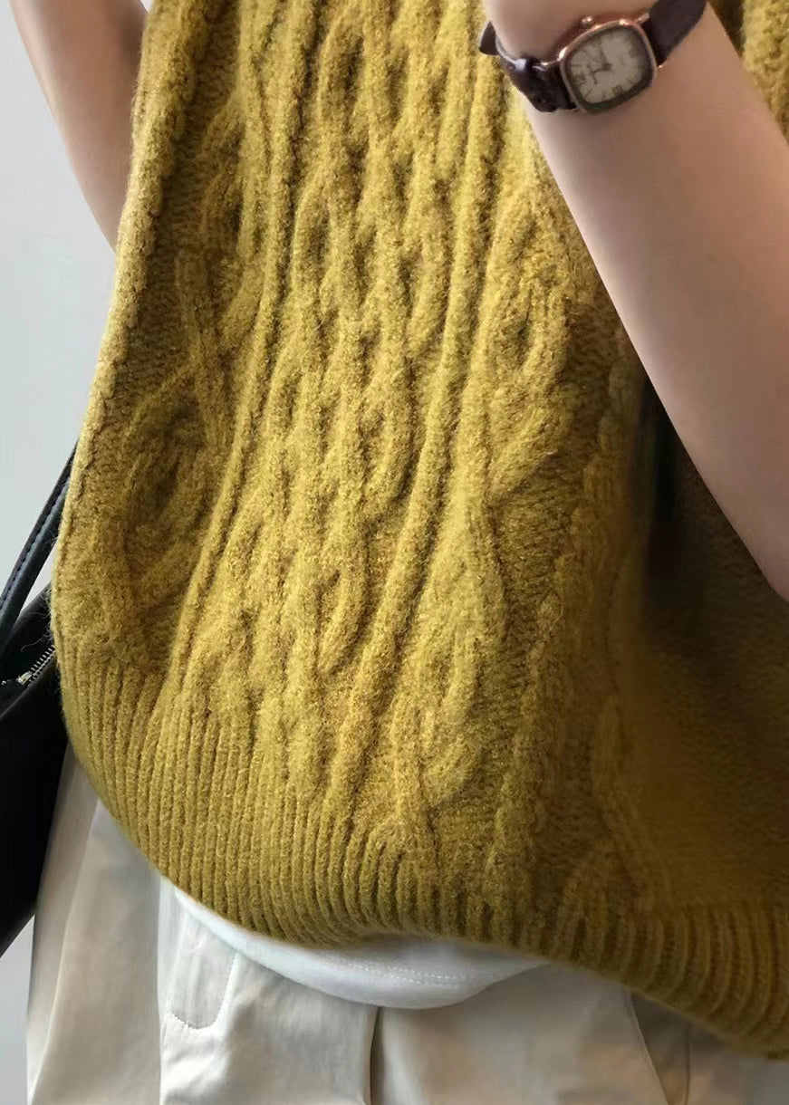 Simple Yellow O Neck Patchwork Cable Knit Waistcoat Sleeveless
