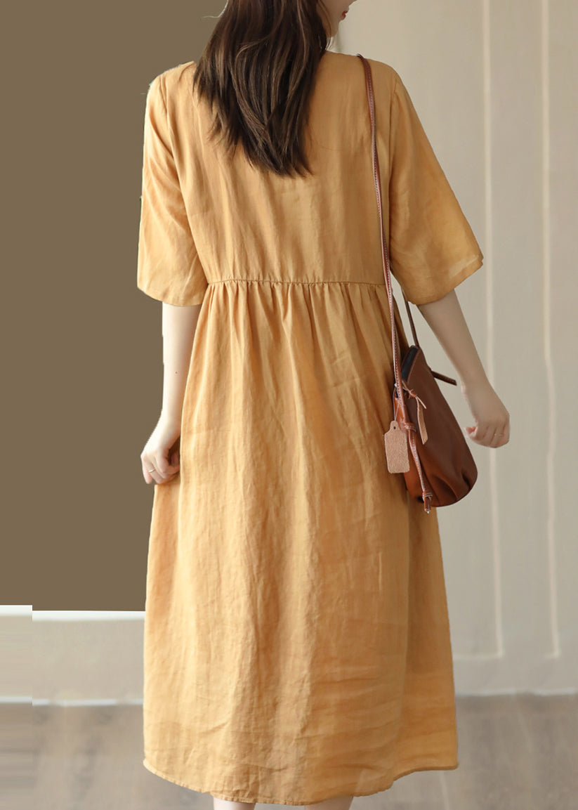 Simple Yellow O-Neck Patchwork Linen Long Dresses Summer