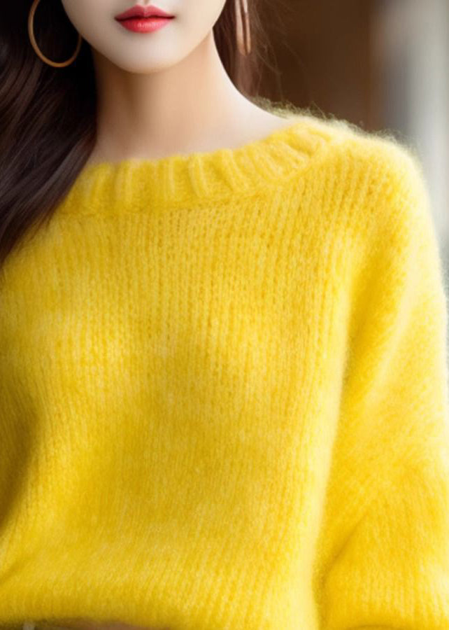 Simple Yellow O Neck Solid Cotton Knit Sweater Long Sleeve
