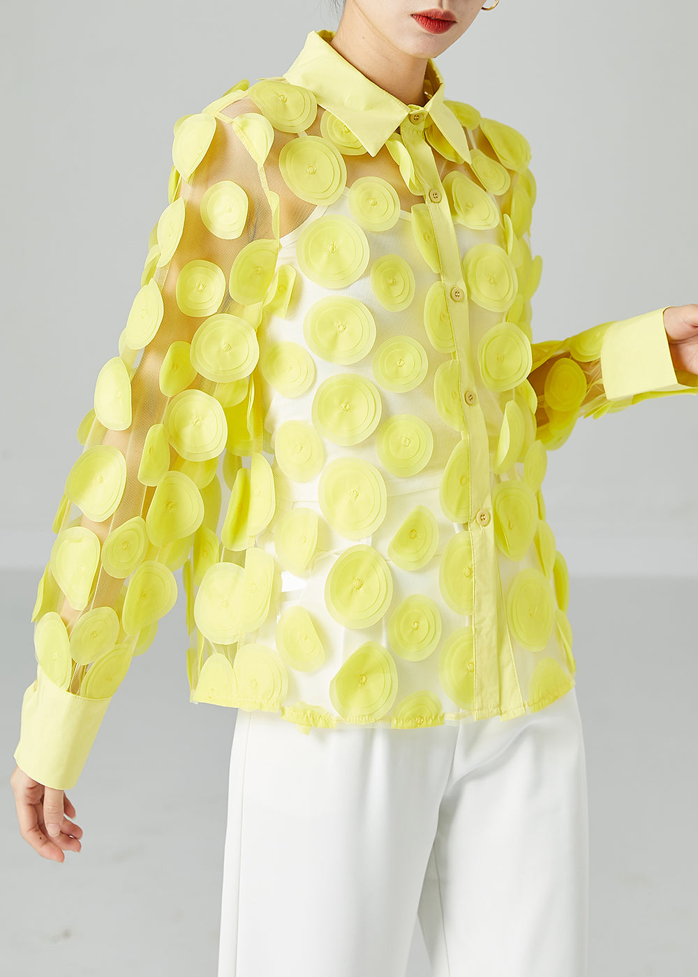 Simple Yellow Peter Pan Collar Hollow Out Tulle Blouse Tops Summer