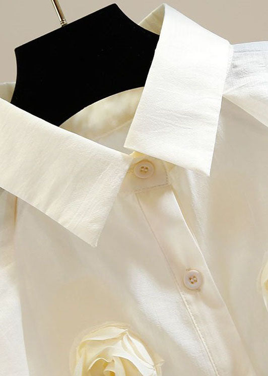 Simple Beige Peter Pan Collar Patchwork Tulle Shirt Tops Lantern Sleeve