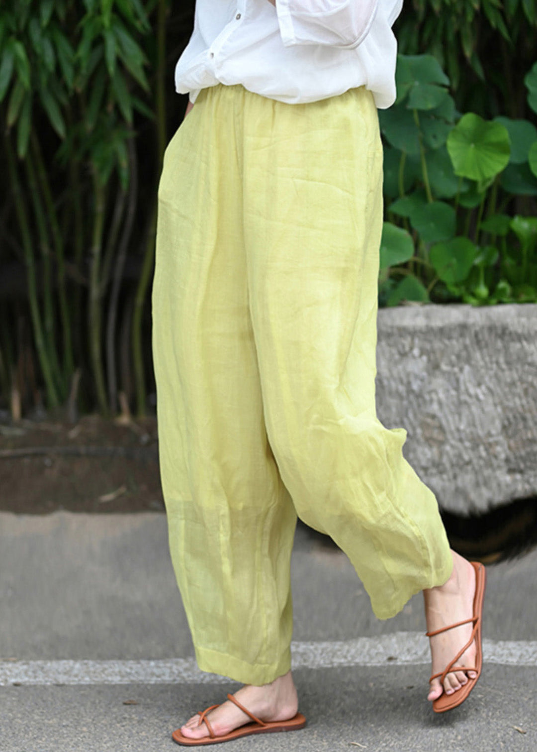 Simple Yellow Pockets Elastic Waist Cotton Crop Pants Spring