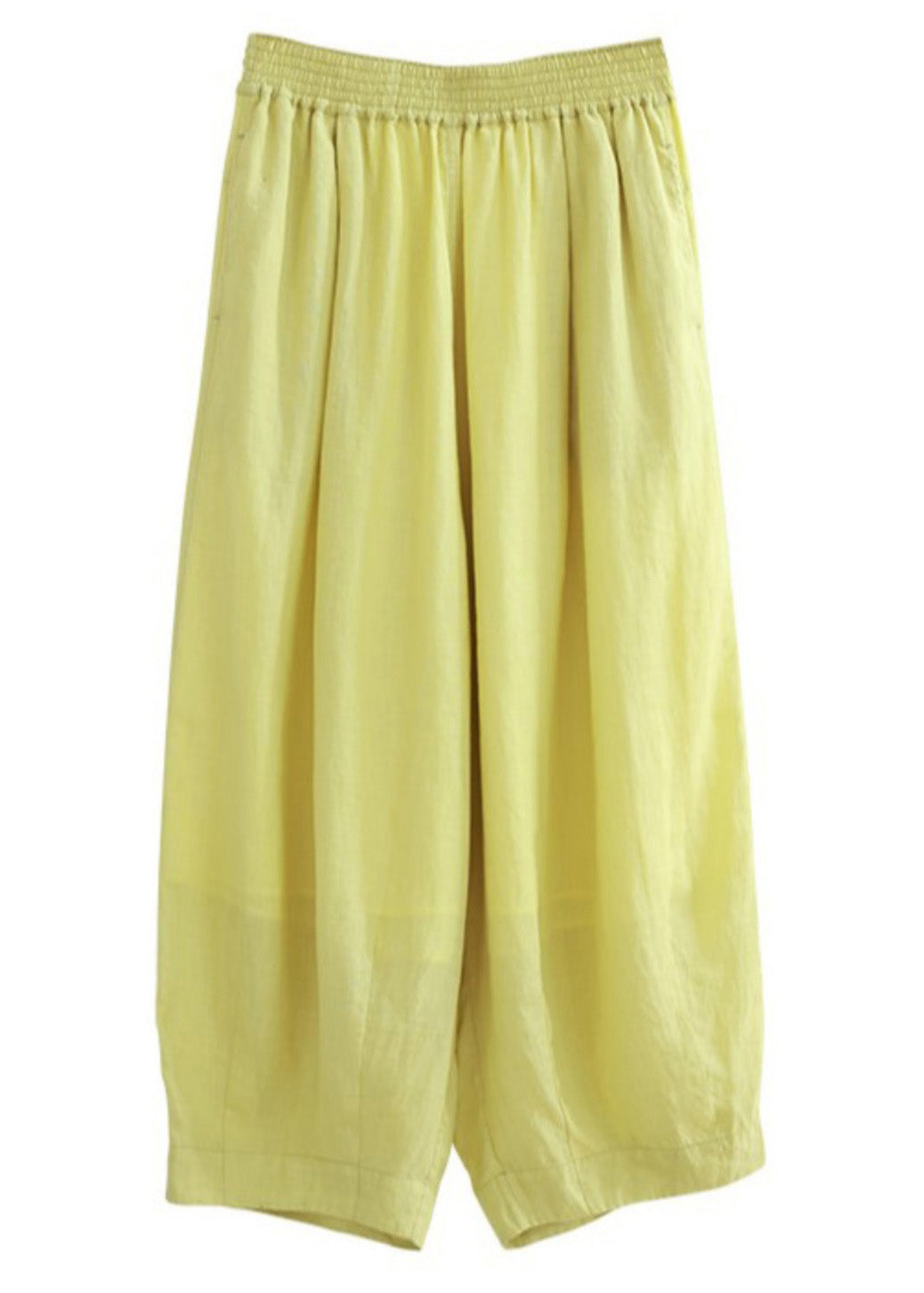 Simple Yellow Pockets Elastic Waist Cotton Crop Pants Spring