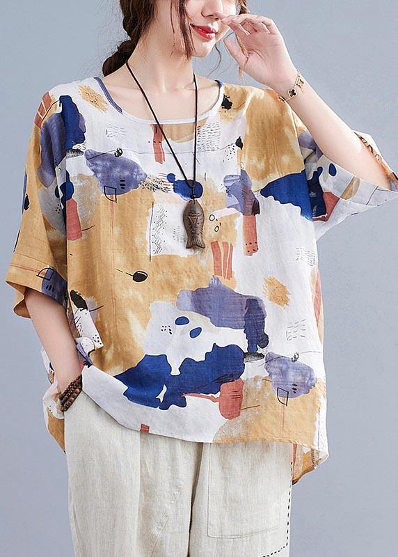 Simple Yellow Print Cotton Linen Shirt Top Summer - Omychic