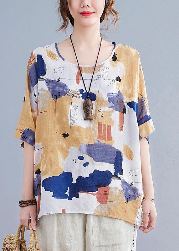 Simple Yellow Print Cotton Linen Shirt Top Summer - Omychic