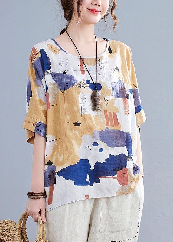 Simple Yellow Print Cotton Linen Shirt Top Summer - Omychic