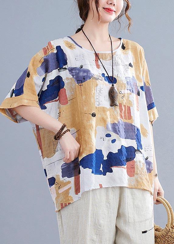 Simple Yellow Print Cotton Linen Shirt Top Summer - Omychic