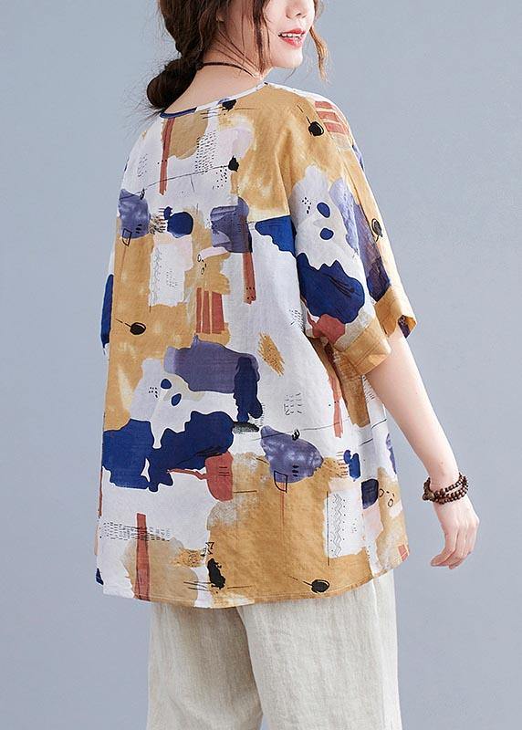 Simple Yellow Print Cotton Linen Shirt Top Summer - Omychic