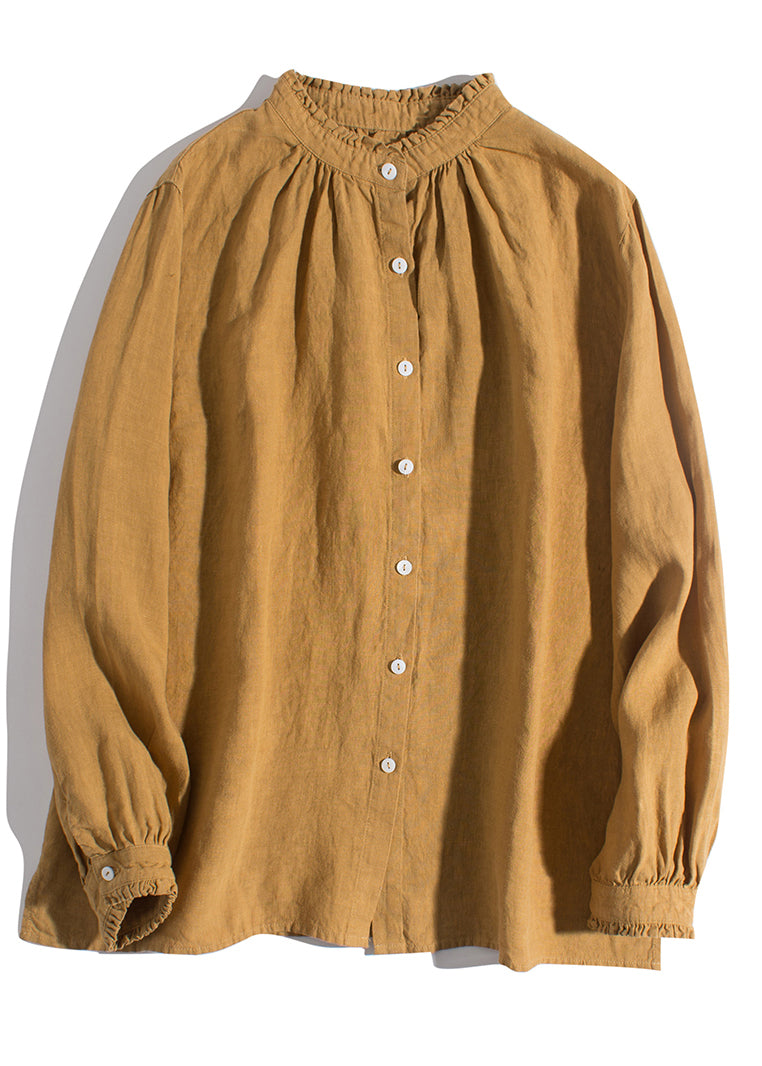 Simple Yellow Ruffled Button Linen Shirt Long Sleeve