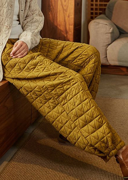 Simple Yellow Solid Elastic Waist Cotton Filled Pants Winter