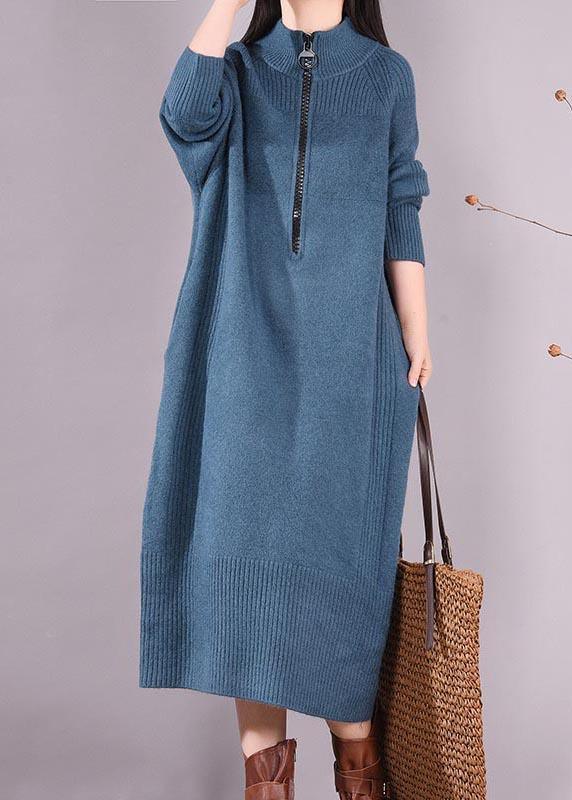 Simple Zippered Pockets Spring Clothes For Women Work Outfits Blue Robes Dresses - Omychic