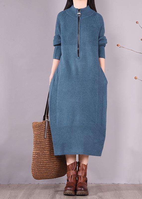 Simple Zippered Pockets Spring Clothes For Women Work Outfits Blue Robes Dresses - Omychic