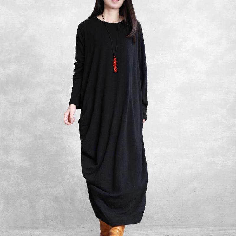 Simple Asymmetric Cotton Wild Clothes Linen Black Cotton Robes Dress - Omychic