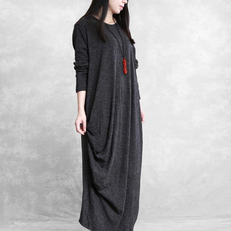 Simple Asymmetric Cotton Wild Clothes Linen Black Cotton Robes Dress - Omychic