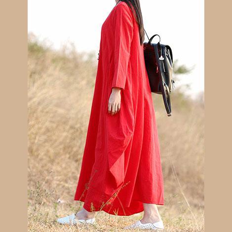 Simple asymmetric linen clothes For Women Work Outfits red o neck Dresses autumn - Omychic