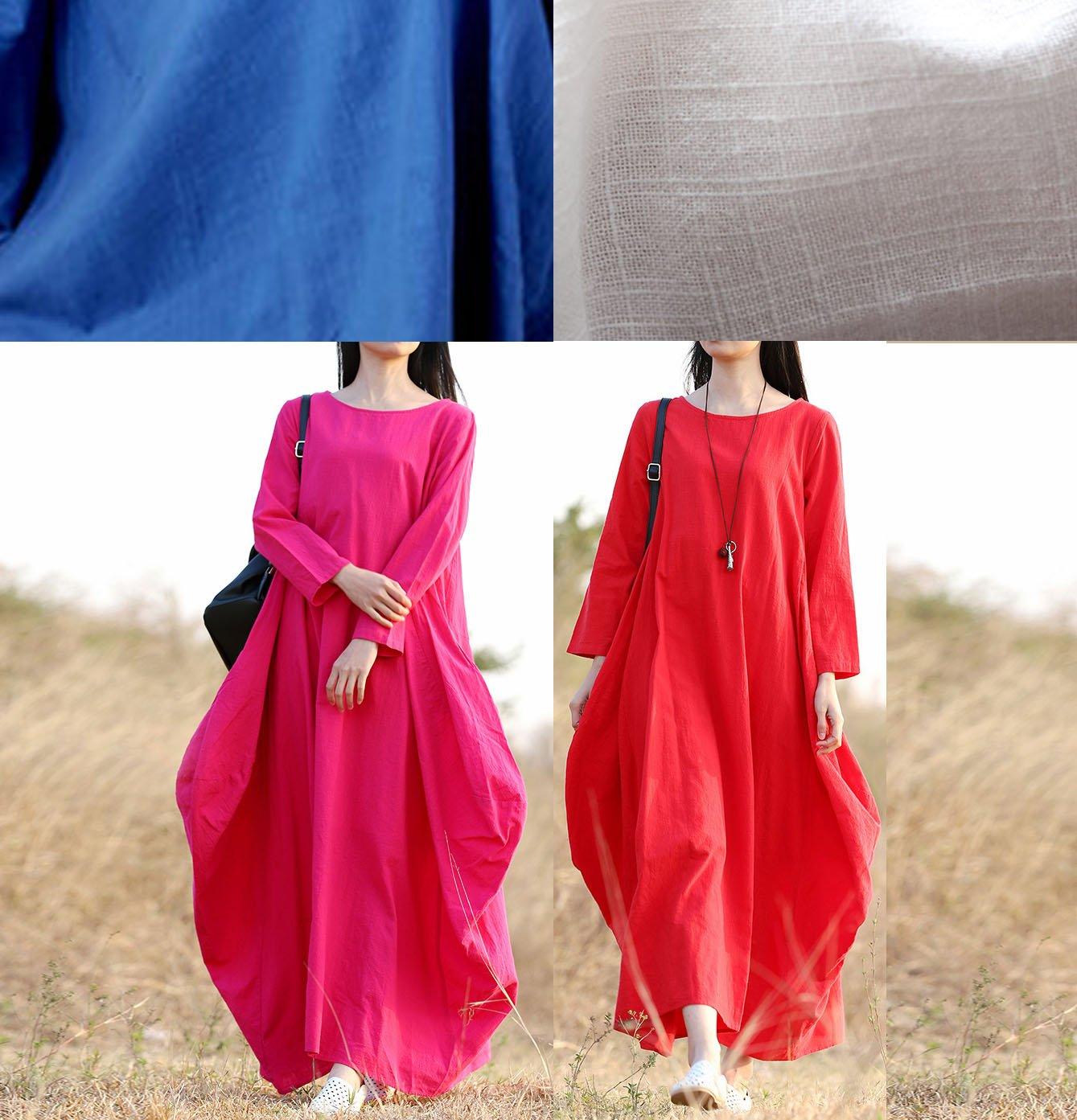 Simple asymmetric linen clothes For Women Work Outfits red o neck Dresses autumn - Omychic