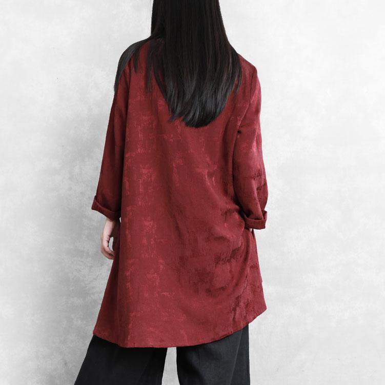 Simple asymmetric linen shirts Neckline burgundy blouse fall - Omychic