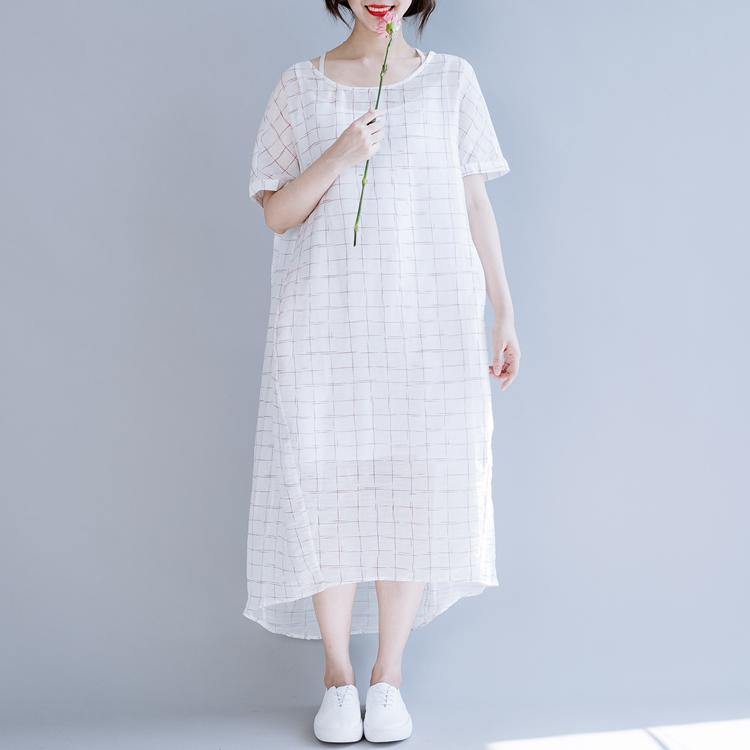 Simple asymmetric o neck linen clothes Sleeve white Plaid Dress summer - Omychic