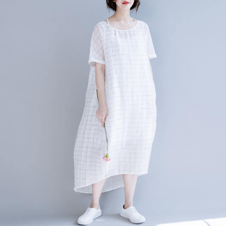 Simple asymmetric o neck linen clothes Sleeve white Plaid Dress summer - Omychic