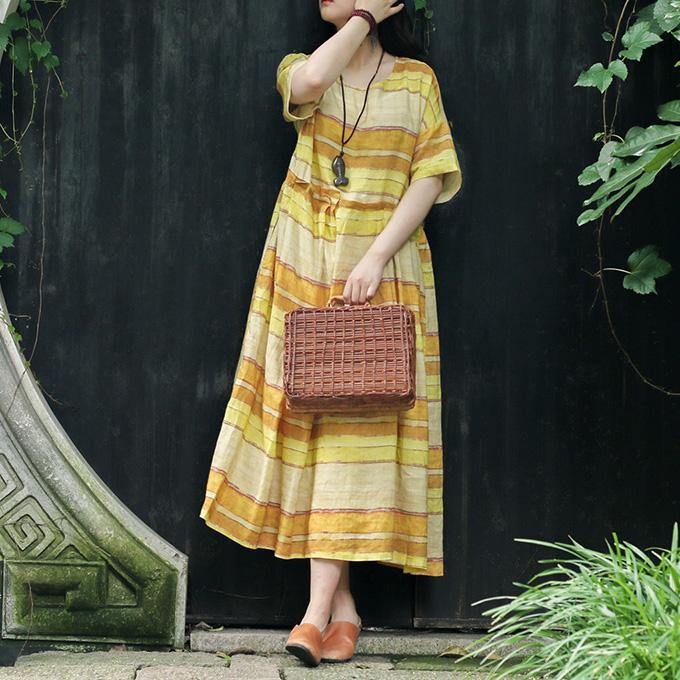 Simple asymmetric pockets linen clothes For Women Korea Cotton yellow striped Art Dress Summer - Omychic