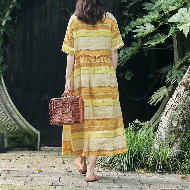 Simple asymmetric pockets linen clothes For Women Korea Cotton yellow striped Art Dress Summer - Omychic